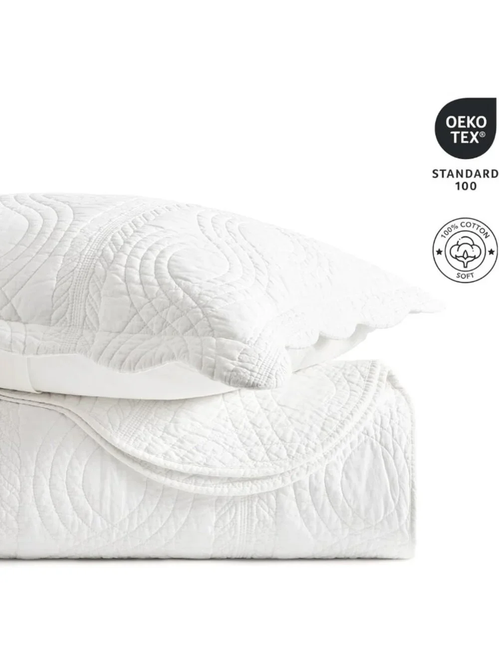 Queen Size 100% Cotton Scalloped Quilt Set - Bright White Bedding for Cozy